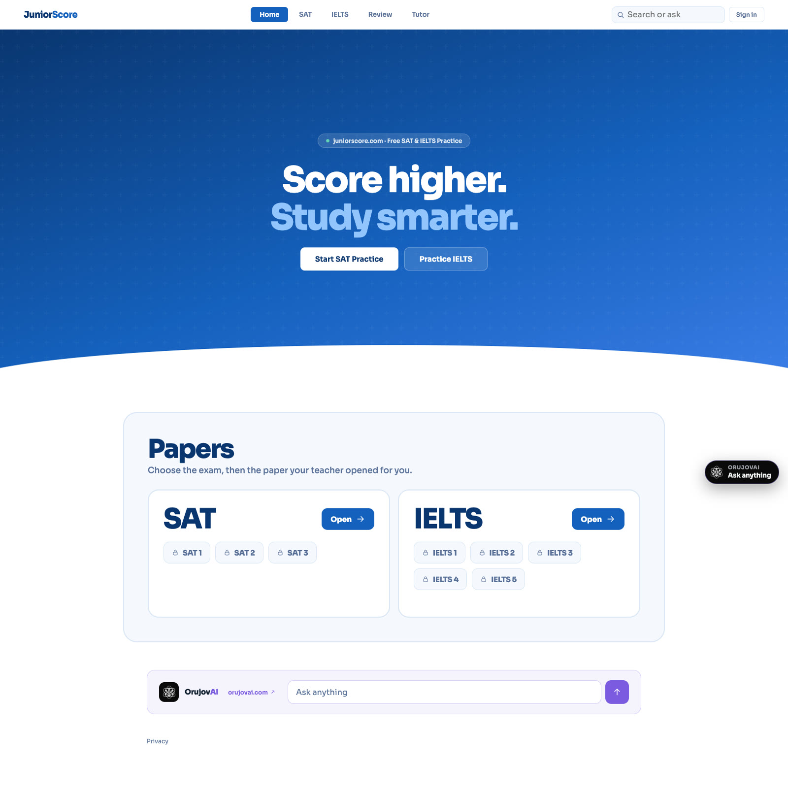 The JuniorScore home page, top to bottom